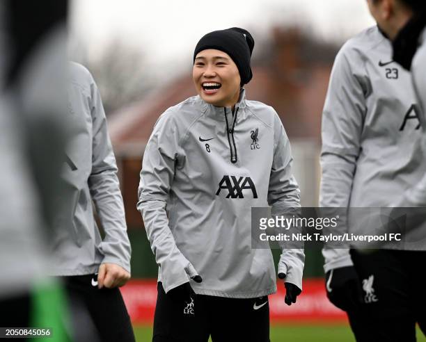 Fuka Nagano of Liverpool during a training session at AXA Melwood Training Centre on March 01, 2024 in Liverpool, England.