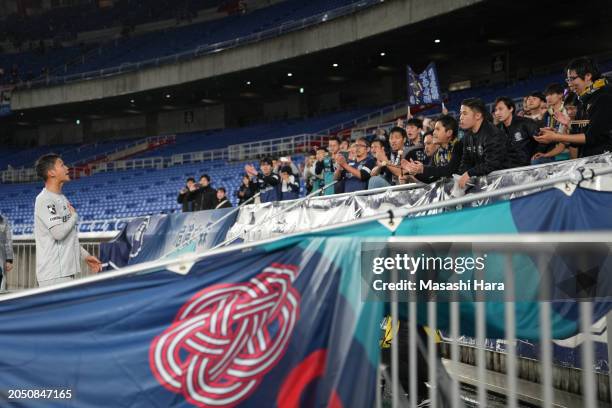 Tatsuki Nara, captain of Avispa Fukuoka talk with supporters during the J.LEAGUE MEIJI YASUDA J1 2nd Sec. Match between Yokohama F•Marinos and Avispa...