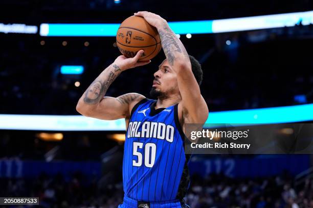 Cole Anthony of the Orlando Magic goes up for a shot against against the Utah Jazz during the second quarter at Kia Center on February 29, 2024 in...