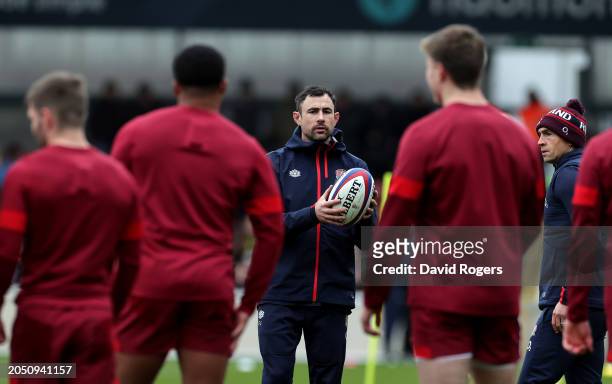 Felix Jones, the England defence coach, looks on during the England training session held at the LNER Community Stadium on March 01, 2024 in York,...