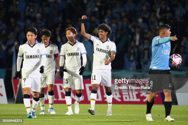 Ryo Germain of Jubilo Iwata celebrates scoring his side's second goal during the J.LEAGUE MEIJI YASUDA J1 2nd Sec. Math between Kawasaki Frontale and...