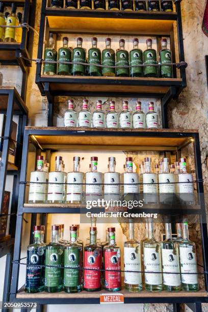 Merida, Mexico, Zona Paseo Montejo Centro, Antifaz Mezcal liquor alcoholic drink bottles, for sale on display.