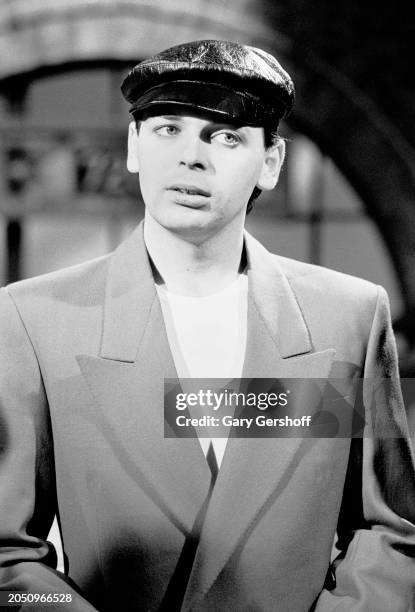 Portrait of British New Wave musician Gary Numan during an interview on MTV at Teletronic Studios, New York, New York, October 25, 1982.