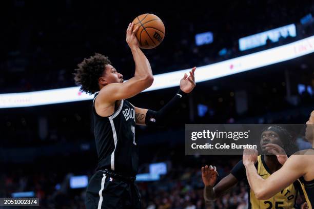 Jalen Wilson of the Brooklyn Nets puts up a shot against the Toronto Raptors in the second half of the NBA game at Scotiabank Arena on February 22,...