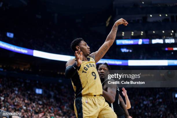 Barrett of the Toronto Raptors puts up a shot against the Brooklyn Nets in the first half of the NBA game at Scotiabank Arena on February 22, 2024 in...