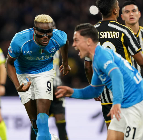 Victor Osimhen of SSC Napoli is playing during the Serie A TIM match between SSC Napoli and Juventus FC in Naples, Italy, on March 3, 2024.