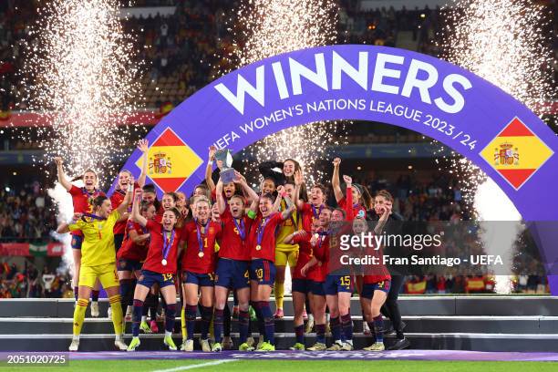 Irene Paredes of Spain lifts UEFA Women's Nations League trophy after her team's victory during the UEFA Women's Nations League 2024 Final match...
