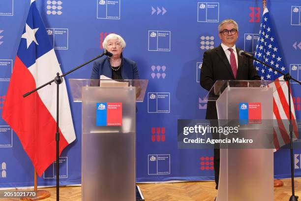 Treasury Secretary Janet Yellen with Chilean Finance Minister Mario Marcel speaks to the press at the end of a work meeting at the Chilean Ministry...