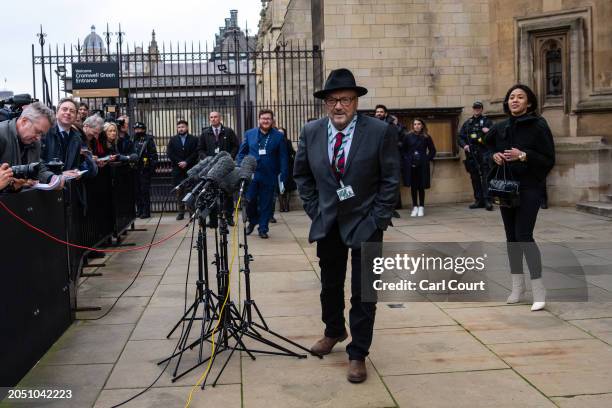 George Galloway, the newly-elected Workers Party of Britain Member of Parliament for Rochdale, speaks to the media outside the Houses of Parliament...