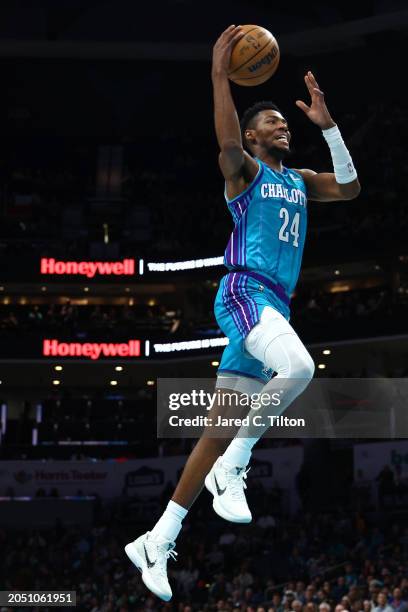 Brandon Miller of the Charlotte Hornets drives to the basket during the first half of the game against the Milwaukee Bucks at Spectrum Center on...