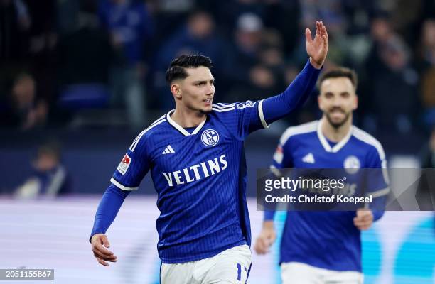 Yusuf Kabadayi of FC Schalke 04 celebrates scoring his team's second goal during the Second Bundesliga match between FC Schalke 04 and FC St. Pauli...