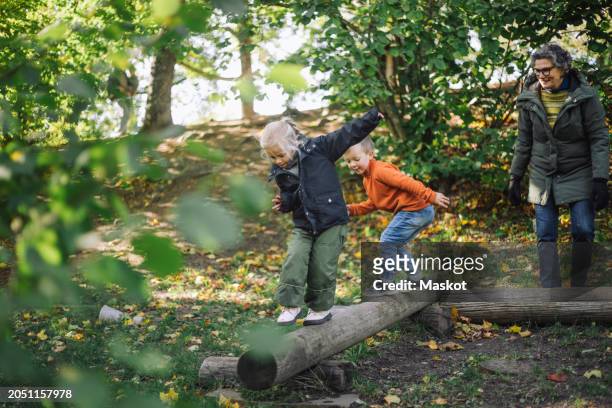 female teacher looking at children balancing on wooden logs while playing at park - stockholm park stock pictures, royalty-free photos & images