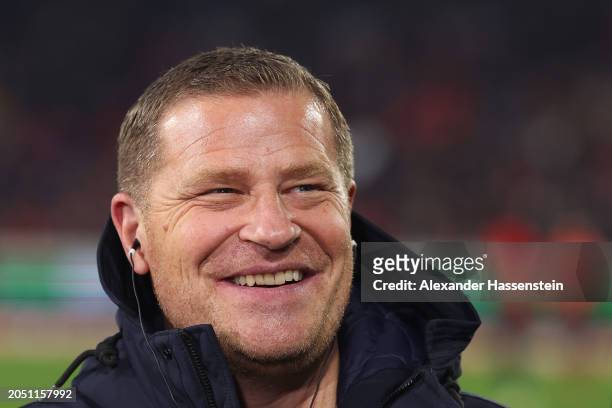 Max Eberl, Board Member for Sport FC Bayern München, looks on as he speaks to the media prior to the Bundesliga match between Sport-Club Freiburg and...