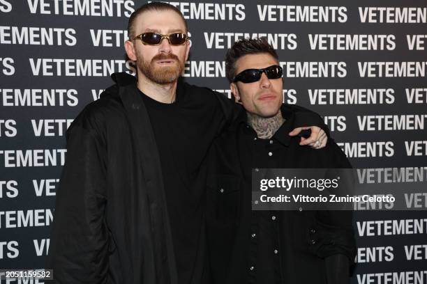 Guram Gvasalia and Fedez pose backstage after the Vetements Womenswear Fall/Winter 2024-2025 show as part of Paris Fashion Week on March 01, 2024 in...