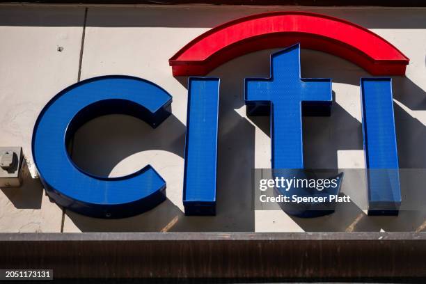 Sign for CitiBank is seen on the bank branch in Manhattan on March 01, 2024 in New York City. According to filings with the State Labor Department,...