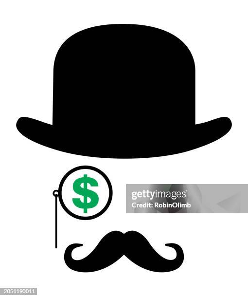 bowler hat and dollar sign monocle face - bowler hat stock illustrations