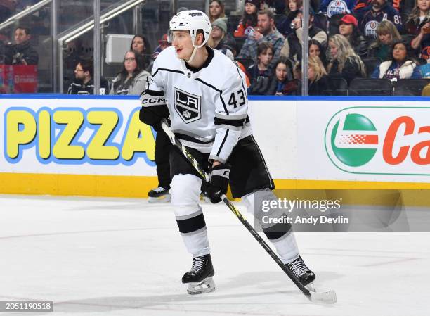 Jacob Moverare of the Los Angeles Kings in action during the game against the Edmonton Oilers at Rogers Place on February 26 in Edmonton, Alberta,...