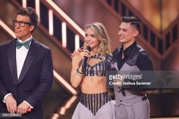Host Daniel Hartwich, Lina Larissa Strahl and Zsolt Sándor Cseke talk to the jury after their performance during the first "Let's Dance" show at MMC...