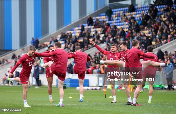 The players of England warm up during an England open day training session at LNER Community Stadium on March 01, 2024 in York, England.