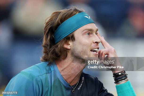 Andrey Rublev reacts while playing against Alexander Bublik of Kazakhstan in their semifinal match during the Dubai Duty Free Tennis Championships at...