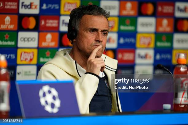 Paris Saint-Germain's Spanish head coach Luis Enrique gives a press conference on the eve of their UEFA Champions League last 16 second leg football...