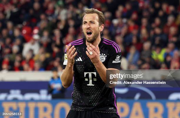 Harry Kane of Bayern Munich reacts during the Bundesliga match between Sport-Club Freiburg and FC Bayern München at Europa-Park Stadion on March 01,...