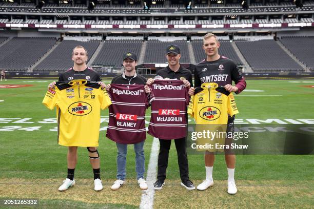 Lachlan Croker and Tom Trbojevic of the Manly Warringah Sea Eagles pose with NASCAR drivers Ryan Blaney and Scott McLaughlin following the Sea Eagles...