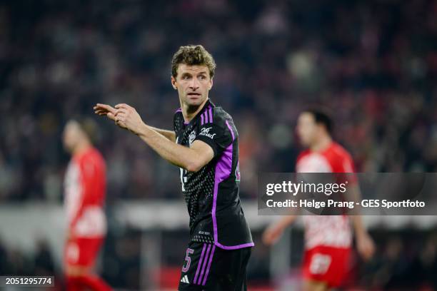 Thomas Mueller of Munich looks on during the Bundesliga match between Sport-Club Freiburg and FC Bayern München at Europa-Park Stadion on March 01,...