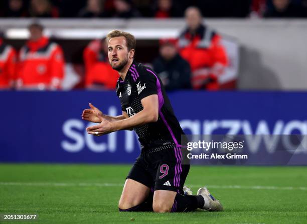 Harry Kane of Bayern Munich reacts during the Bundesliga match between Sport-Club Freiburg and FC Bayern München at Europa-Park Stadion on March 01,...