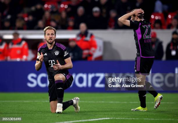 Harry Kane and Raphael Guerreiro of Bayern Munich react during the Bundesliga match between Sport-Club Freiburg and FC Bayern München at Europa-Park...