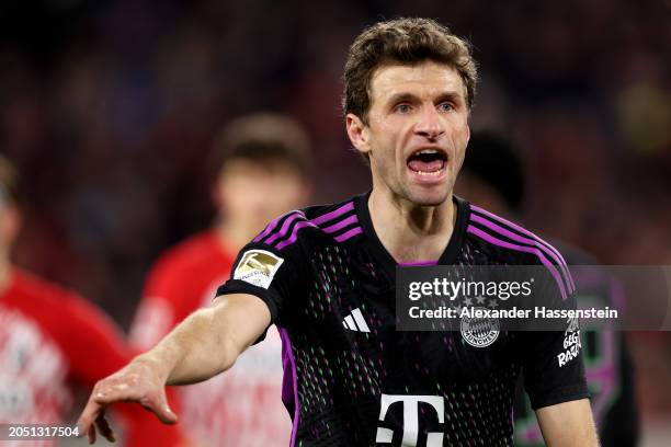Thomas Mueller of Bayern Munich reacts during the Bundesliga match between Sport-Club Freiburg and FC Bayern München at Europa-Park Stadion on March...