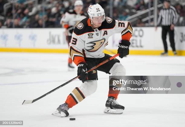 Jakob Silfverberg of the Anaheim Ducks shoots on goal against the San Jose Sharks in the third period of an NHL hockey game at SAP Center on February...