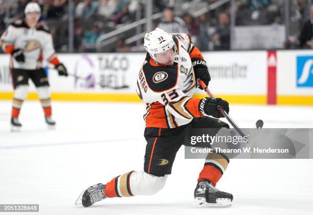 Jakob Silfverberg of the Anaheim Ducks shoots on goal against the San Jose Sharks in the third period of an NHL hockey game at SAP Center on February...
