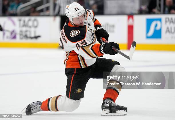 Jakob Silfverberg of the Anaheim Ducks shoots on goal against the San Jose Sharks in the third period of an NHL hockey game at SAP Center on February...