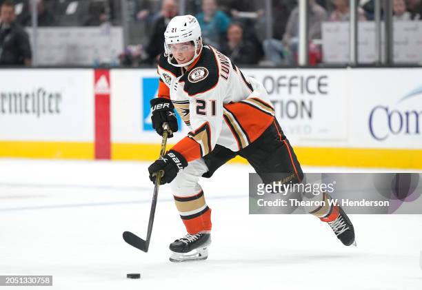 Isac Lundestrom of the Anaheim Ducks skates with control of the puck against the San Jose Sharks in the first period of a NHL hockey game at SAP...