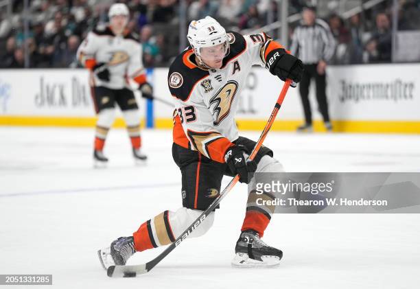Jakob Silfverberg of the Anaheim Ducks shoots on goal against the San Jose Sharks in the third period of an NHL hockey game at SAP Center on February...