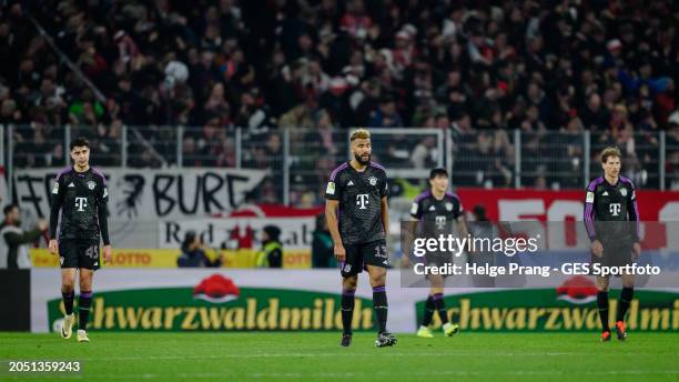 Aleksandar Pavlovic, Eric Maxim Choupo-Moting, Min-jae Kim and Leon Goretzka of Munich looking dejected during the Bundesliga match between...