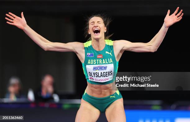 Nicola Olyslagers of Team Australia celebrates after winning the gold medal in the Women's High Jump Final on Day One of the World Athletics Indoor...