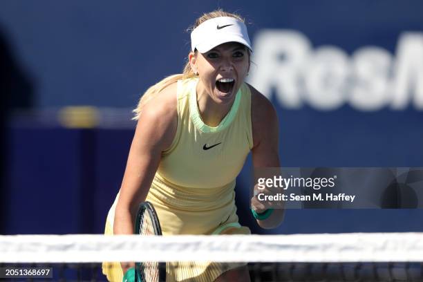 Katie Boulter of Great Britain reacts after defeating Donna Vekić of Croatia during the Cymbiotika San Diego Open 2024 at Barnes Tennis Center on...