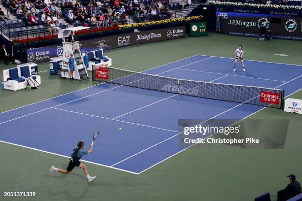 Andrey Rublev in action against Alexander Bublik of Kazakhstan in their semifinal match during the Dubai Duty Free Tennis Championships at Dubai Duty...