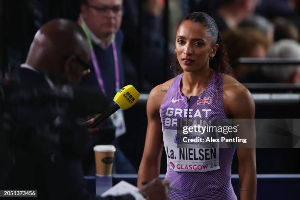 Laviai Nielsen of Team Great Britain speaks to the media after competing in the Women's 400 Metres Semi-Final on Day One of the World Athletics...