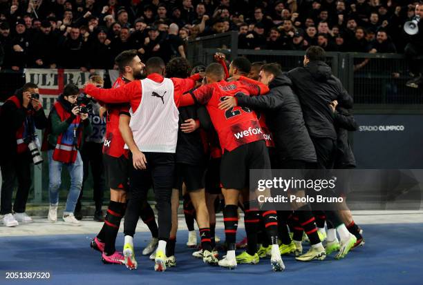 Noah Okafor of AC Milan celebrates scoring his team's first goal with teammates during the Serie A TIM match between SS Lazio and AC Milan - Serie A...