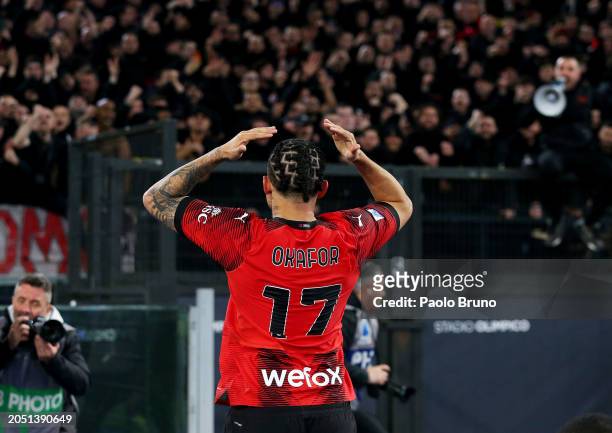 Noah Okafor of AC Milan celebrates scoring his team's first goal in front of his fans during the Serie A TIM match between SS Lazio and AC Milan -...