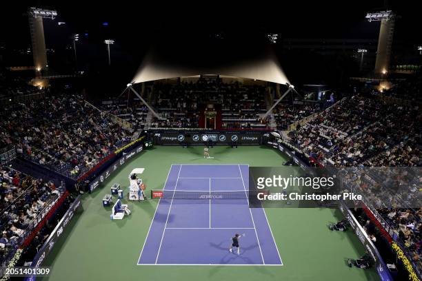 Andrey Rublev plays a forehand against Alexander Bublik of Kazakhstan in their semifinal match during the Dubai Duty Free Tennis Championships at...