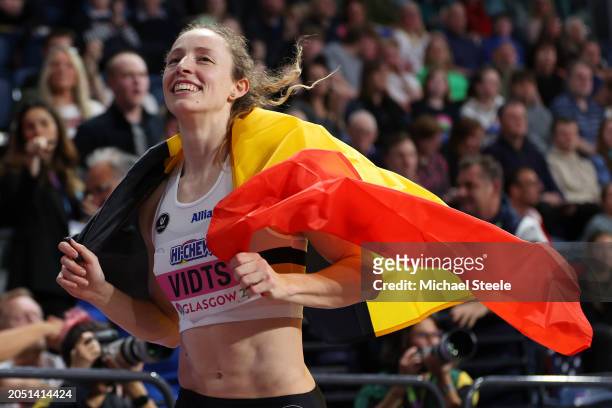Noor Vidts of Team Belgium celebrates after winning the gold medal in the Pent competes in the XX on Day One of the World Athletics Indoor...