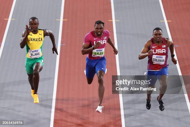 Ackeem Blake of Team Jamaica, Noah Lyles of Team United States and Christian Coleman of Team United States compete in the Men's 60 Metres Final on...