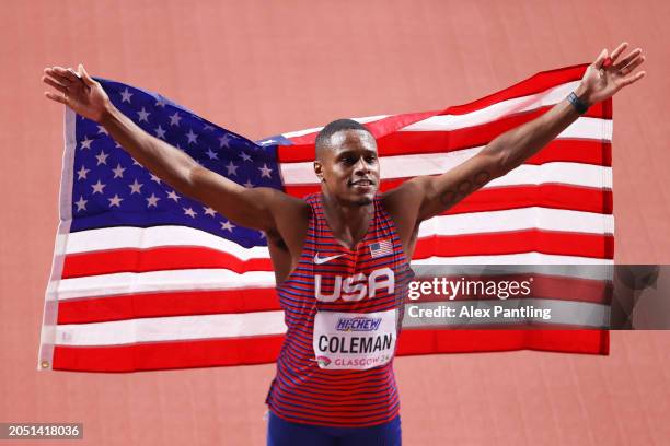 Gold medalist, Christian Coleman of Team United States, poses for a photo after competing in the Men's 60 Metres Final on Day One of the World...