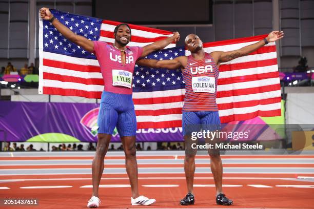 Silver medalist, Noah Lyles of Team United States and Gold medalist, Christian Coleman of Team United States, pose for a photo after competing in the...