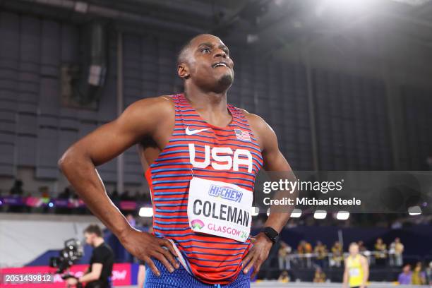 Gold medalist, Christian Coleman of Team United States looks on after competing in the Men's 60 Metres Final on Day One of the World Athletics Indoor...