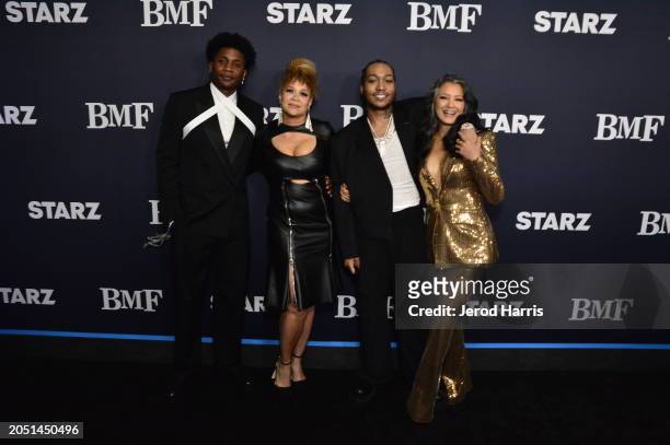 Da'vinchi, Michole Briana White, Meech, and Kelly Hu attend BMF Season 3 Los Angeles Premiere at Hollywood Athletic Club on February 29, 2024 in...